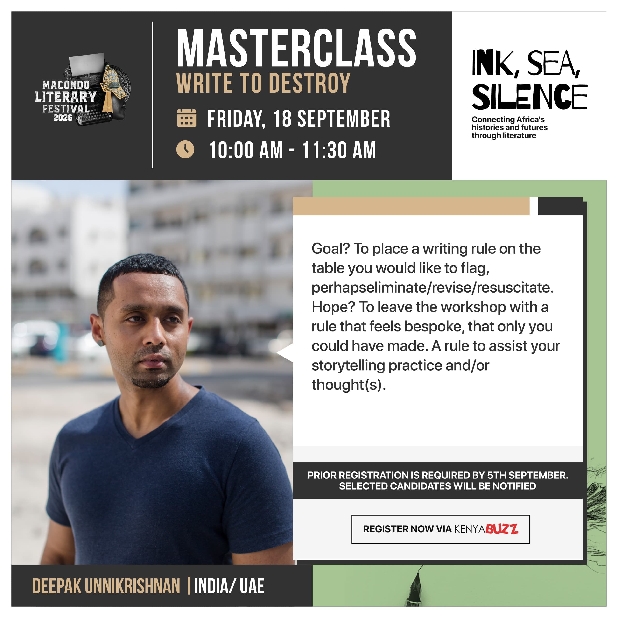 Poster for Macondo Masterclass with Deepak Unnikrishnan